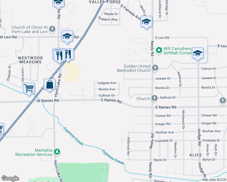 map of restaurants, bars, coffee shops, grocery stores, and more near 82 Bonita Drive in Memphis