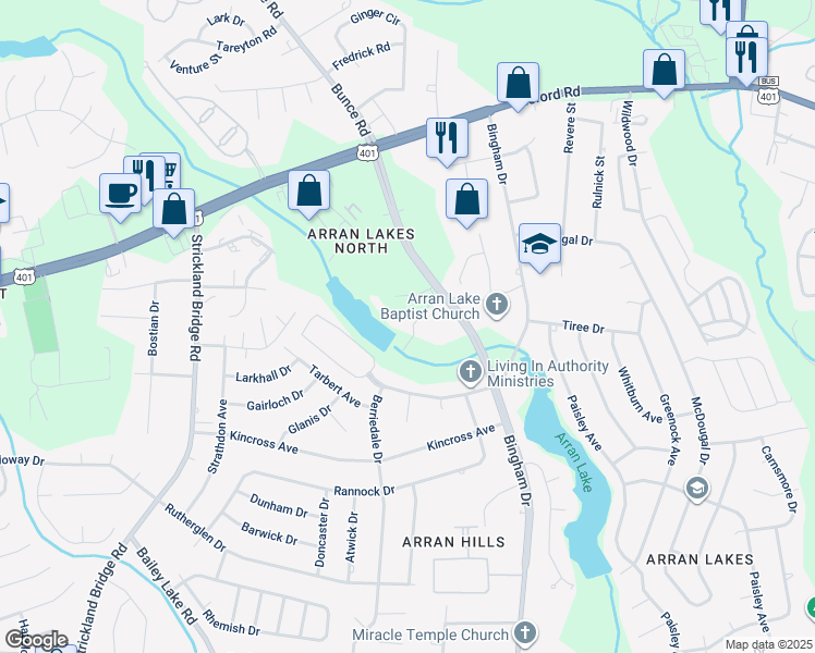 map of restaurants, bars, coffee shops, grocery stores, and more near 6441 Bingham Place in Fayetteville