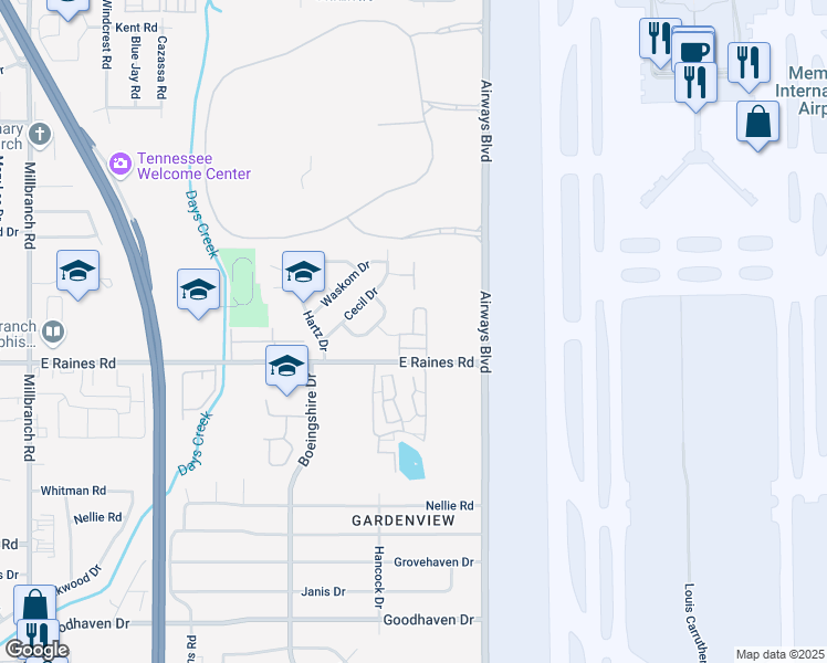 map of restaurants, bars, coffee shops, grocery stores, and more near 2118 East Raines Road in Memphis