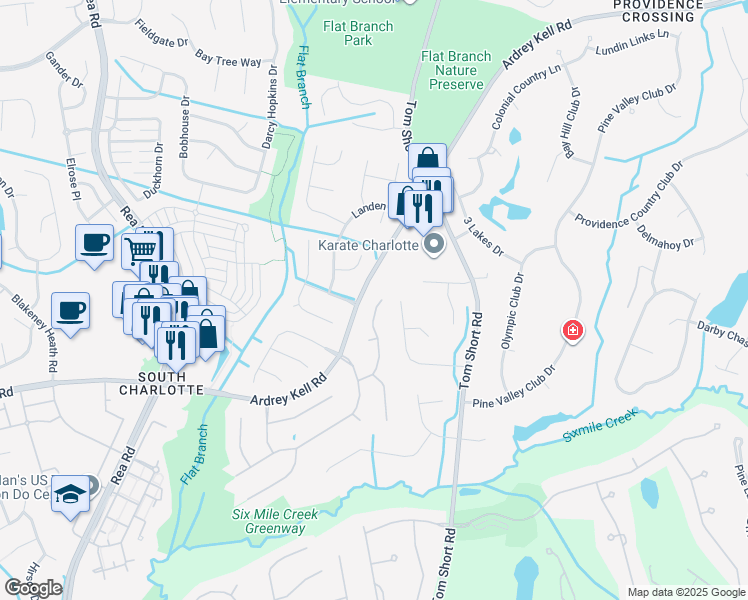 map of restaurants, bars, coffee shops, grocery stores, and more near 6610 Lyndonville Drive in Charlotte