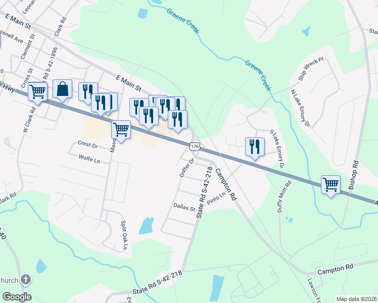 map of restaurants, bars, coffee shops, grocery stores, and more near 11010 Asheville Highway in Inman