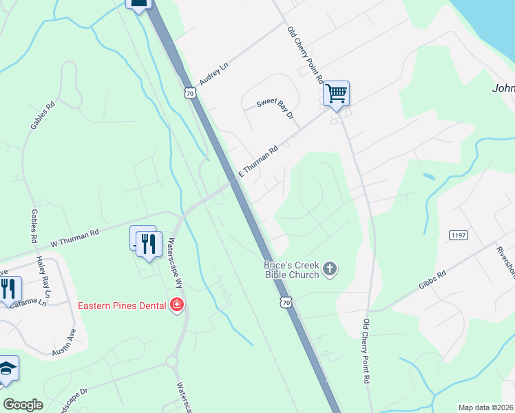 map of restaurants, bars, coffee shops, grocery stores, and more near 4006 U.S. 70 in New Bern