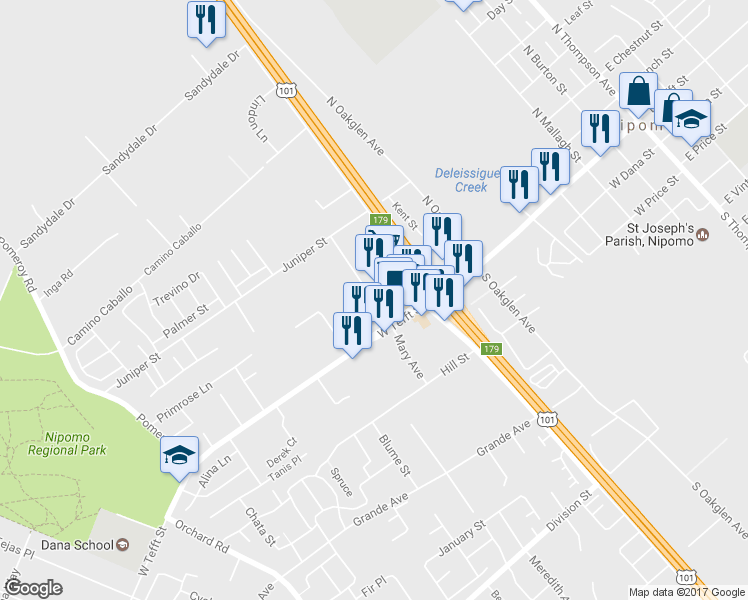 map of restaurants, bars, coffee shops, grocery stores, and more near 110 South Mary Avenue in Nipomo