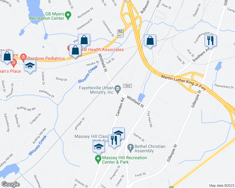 map of restaurants, bars, coffee shops, grocery stores, and more near 701 Whitfield Street in Fayetteville