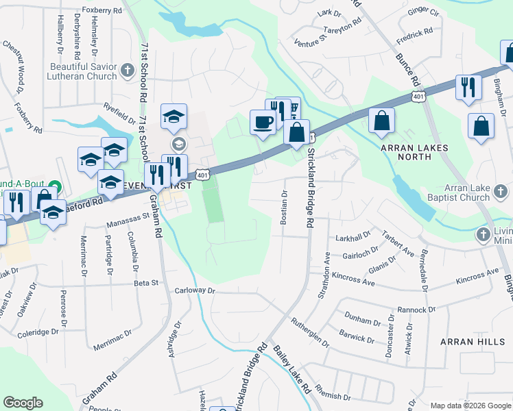 map of restaurants, bars, coffee shops, grocery stores, and more near 6314 Norton Drive in Fayetteville
