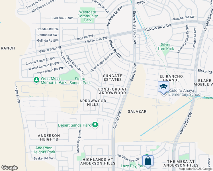 map of restaurants, bars, coffee shops, grocery stores, and more near 2747 Sunny Sky Lane Southwest in Albuquerque