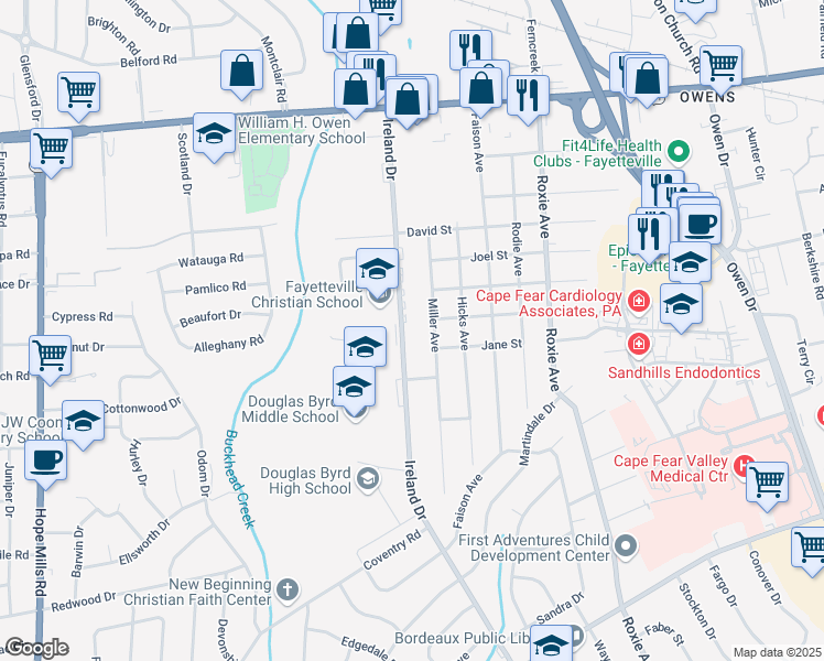 map of restaurants, bars, coffee shops, grocery stores, and more near 1429 Ireland Drive in Fayetteville