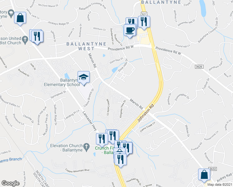 map of restaurants, bars, coffee shops, grocery stores, and more near 15620 Marvin Road in Charlotte