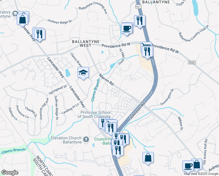 map of restaurants, bars, coffee shops, grocery stores, and more near 15504 Stronvar House Lane in Charlotte
