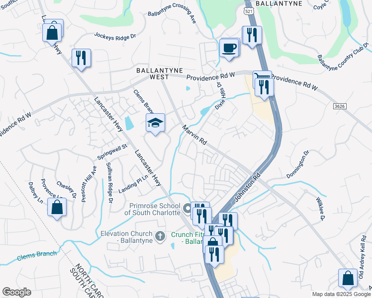 map of restaurants, bars, coffee shops, grocery stores, and more near 15504 Stronvar House Lane in Charlotte