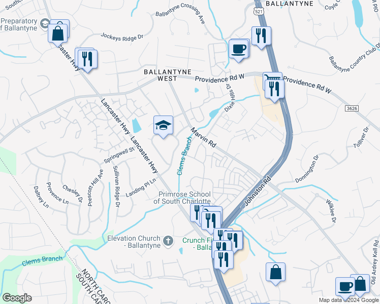 map of restaurants, bars, coffee shops, grocery stores, and more near 11727 Clems Branch Drive in Charlotte