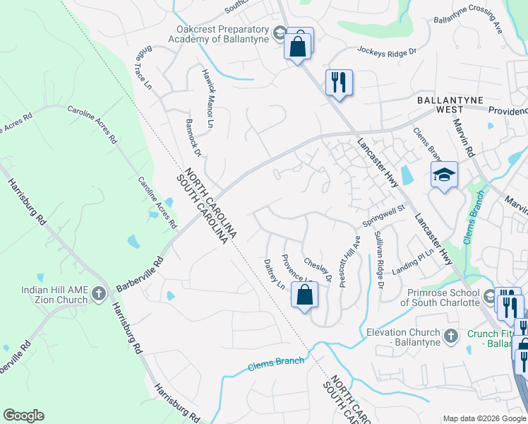 map of restaurants, bars, coffee shops, grocery stores, and more near 13513 Pacific Echo Drive in Charlotte