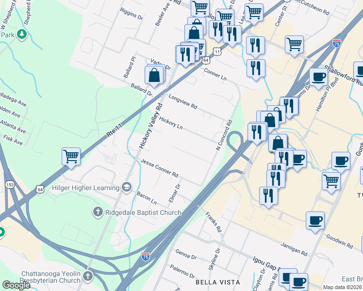 map of restaurants, bars, coffee shops, grocery stores, and more near 6903 Hickory View Lane in Chattanooga