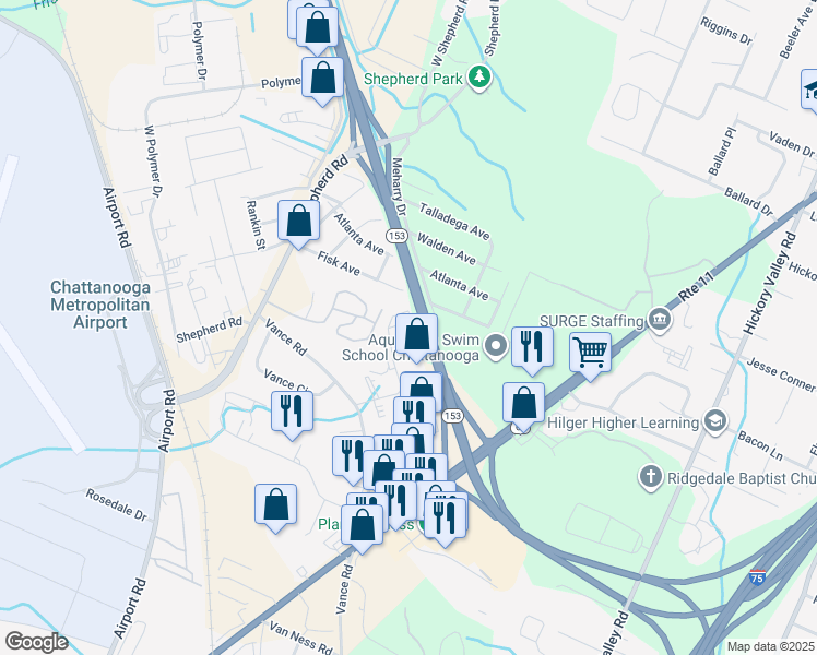 map of restaurants, bars, coffee shops, grocery stores, and more near 6240 Airpark Drive in Chattanooga