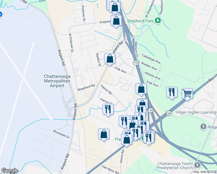 map of restaurants, bars, coffee shops, grocery stores, and more near 6101 Vance Road in Chattanooga
