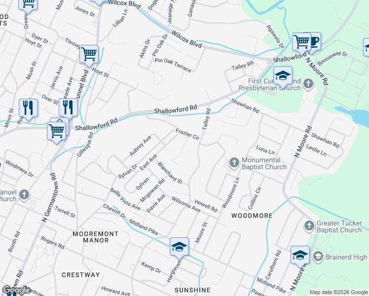 map of restaurants, bars, coffee shops, grocery stores, and more near 918 Sylvan Avenue in Chattanooga