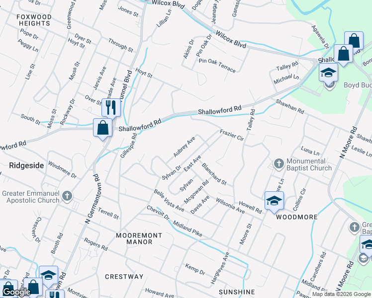 map of restaurants, bars, coffee shops, grocery stores, and more near 827 Aubrey Avenue in Chattanooga