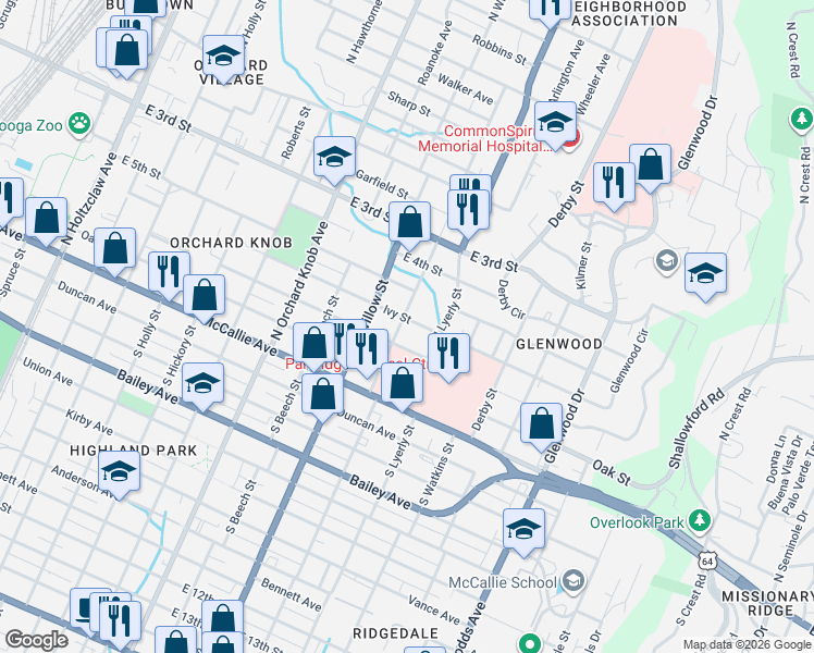 map of restaurants, bars, coffee shops, grocery stores, and more near 2201 Ivy Street in Chattanooga