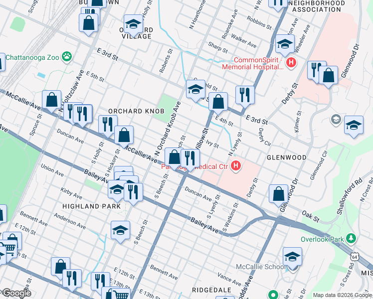 map of restaurants, bars, coffee shops, grocery stores, and more near 2003 Vine Street in Chattanooga