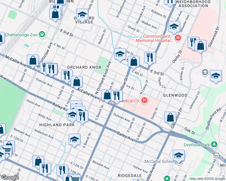 map of restaurants, bars, coffee shops, grocery stores, and more near 2003 Vine Street in Chattanooga