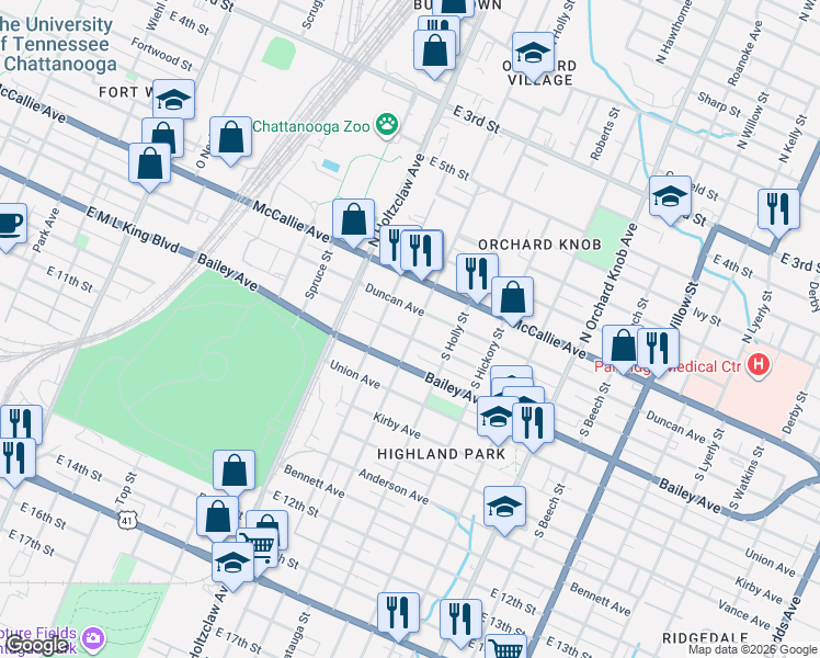 map of restaurants, bars, coffee shops, grocery stores, and more near 1412 Duncan Avenue in Chattanooga