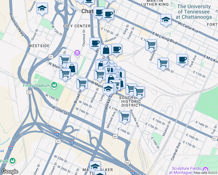 map of restaurants, bars, coffee shops, grocery stores, and more near 1445 Market Street in Chattanooga