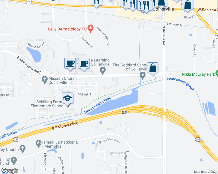 map of restaurants, bars, coffee shops, grocery stores, and more near 798 Stonevillage Cove in Collierville