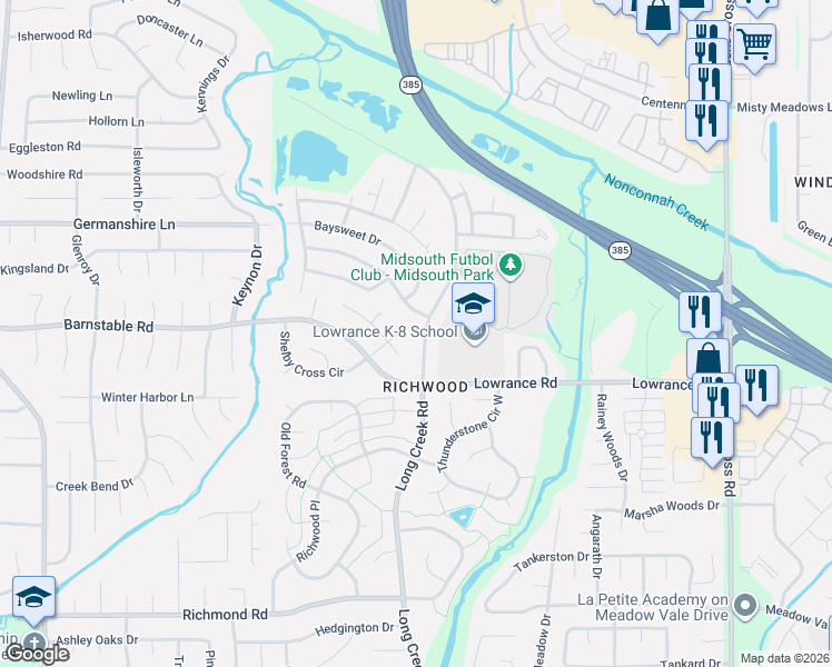 map of restaurants, bars, coffee shops, grocery stores, and more near 7687 Roundleaf Drive in Memphis