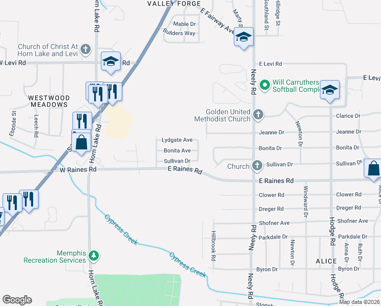 map of restaurants, bars, coffee shops, grocery stores, and more near 82 Bonita Drive in Memphis