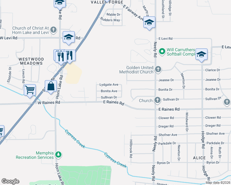 map of restaurants, bars, coffee shops, grocery stores, and more near 82 Bonita Drive in Memphis