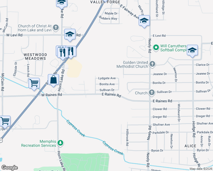 map of restaurants, bars, coffee shops, grocery stores, and more near 36 Bonita Drive in Memphis