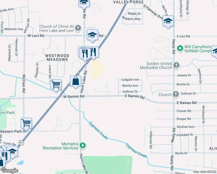map of restaurants, bars, coffee shops, grocery stores, and more near 4090 Raines Oak Drive in Memphis