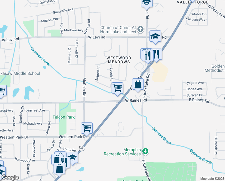map of restaurants, bars, coffee shops, grocery stores, and more near 4085 Leech Road in Memphis