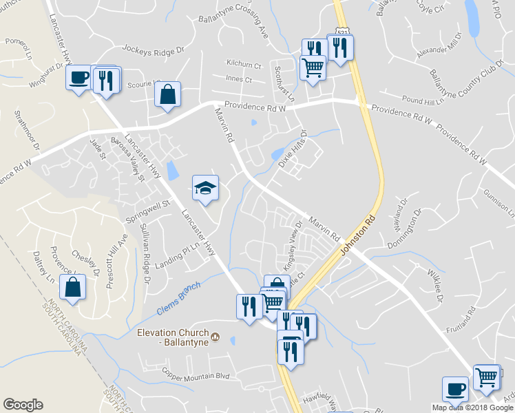 map of restaurants, bars, coffee shops, grocery stores, and more near 11047 Dixie Hills Drive in Charlotte