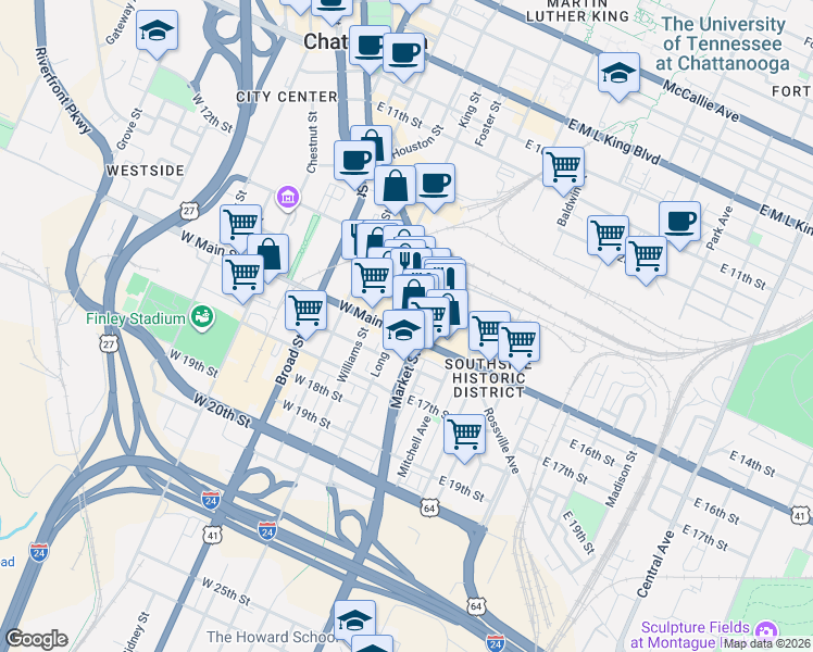 map of restaurants, bars, coffee shops, grocery stores, and more near 1445 Market Street in Chattanooga