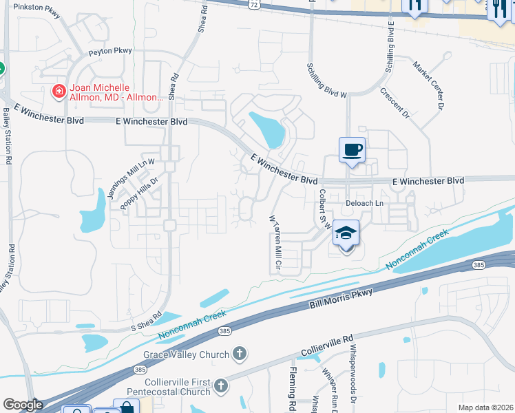 map of restaurants, bars, coffee shops, grocery stores, and more near 302 Oak Bluff Lane in Collierville