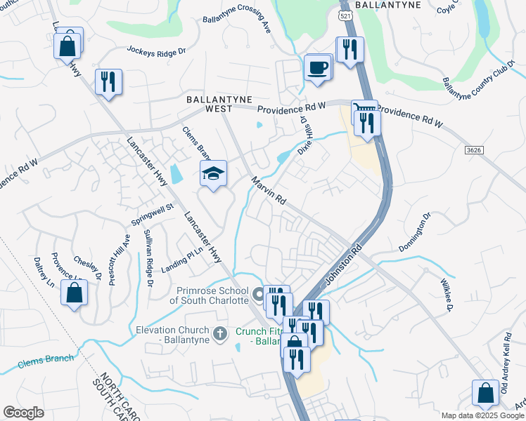 map of restaurants, bars, coffee shops, grocery stores, and more near 11047 Dixie Hills Drive in Charlotte
