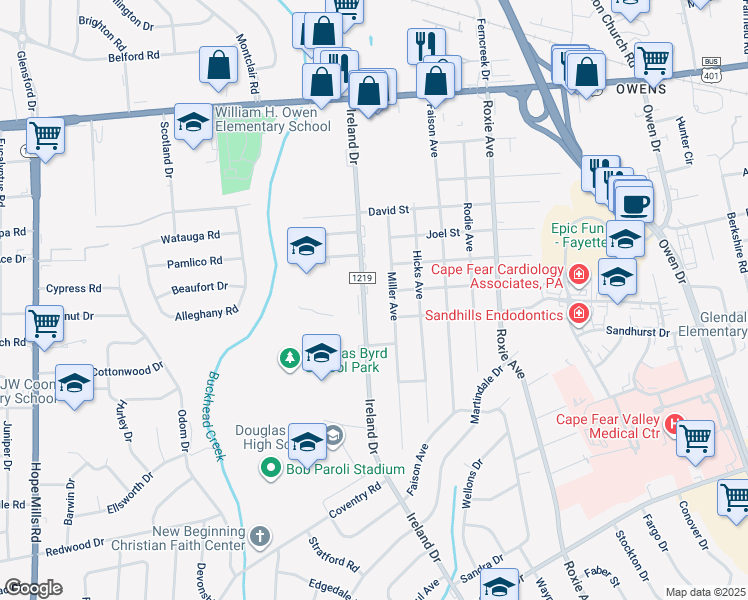 map of restaurants, bars, coffee shops, grocery stores, and more near 1437 Ireland Drive in Fayetteville