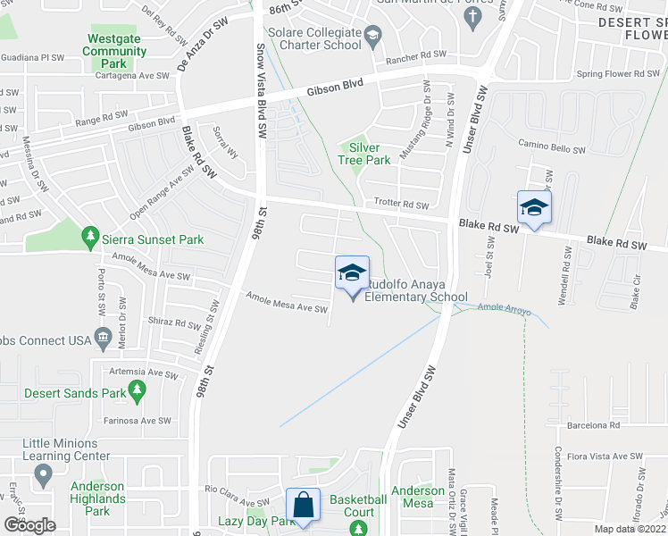 map of restaurants, bars, coffee shops, grocery stores, and more near 9323 Valle Vidal Place Southwest in Albuquerque