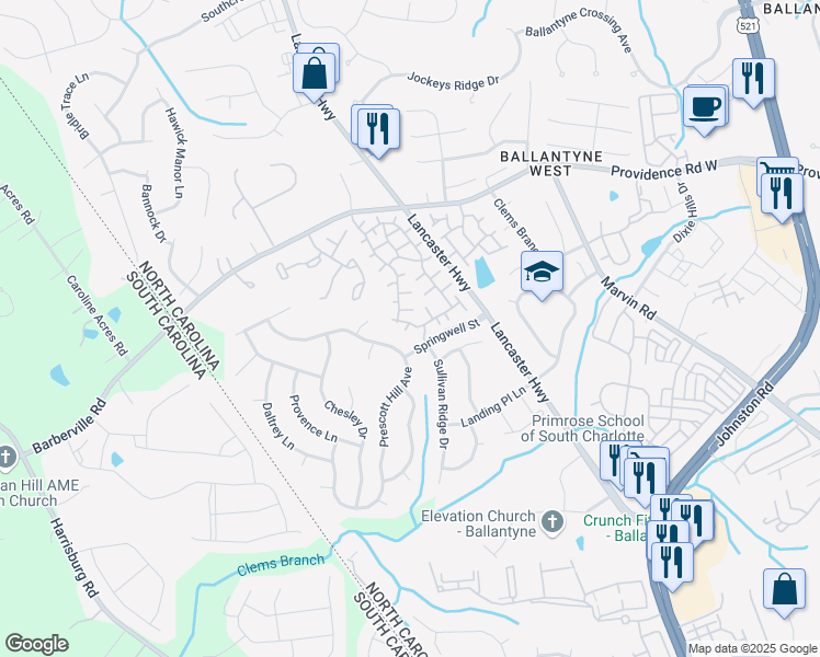 map of restaurants, bars, coffee shops, grocery stores, and more near 12136 Valley Oak Street in Charlotte