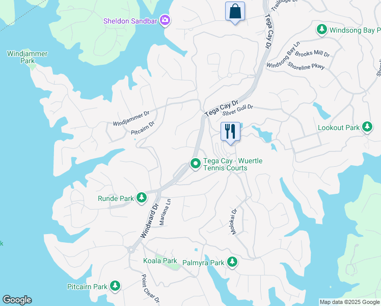 map of restaurants, bars, coffee shops, grocery stores, and more near 25021 Molokai Drive in Tega Cay