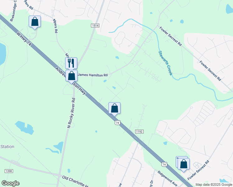map of restaurants, bars, coffee shops, grocery stores, and more near 2718 James Hamilton Road in Monroe