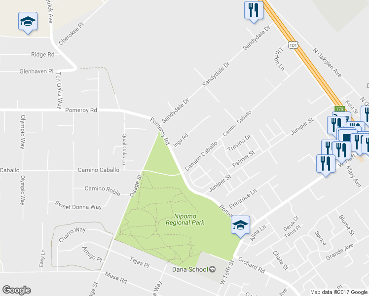 map of restaurants, bars, coffee shops, grocery stores, and more near 875 Inga Road in Nipomo