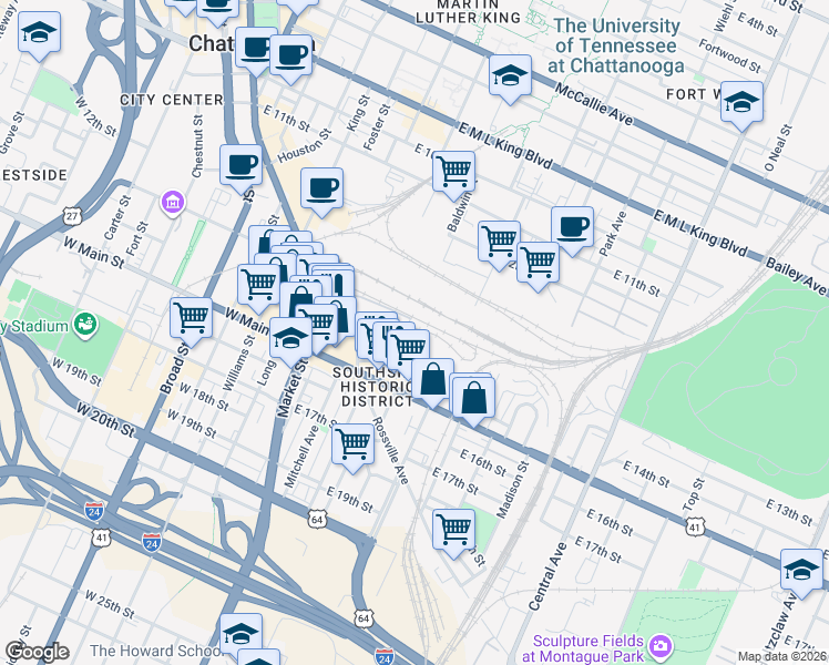 map of restaurants, bars, coffee shops, grocery stores, and more near 1348 Passenger Street in Chattanooga