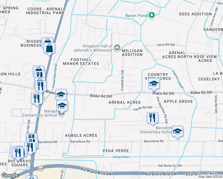 map of restaurants, bars, coffee shops, grocery stores, and more near 2919 Blake Road Southwest in Albuquerque