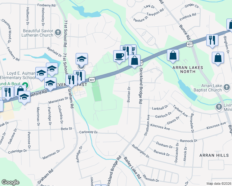 map of restaurants, bars, coffee shops, grocery stores, and more near 6314 Norton Drive in Fayetteville