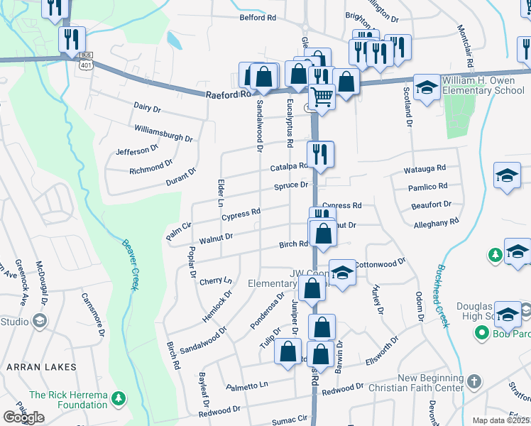 map of restaurants, bars, coffee shops, grocery stores, and more near 5111 Cypress Road in Fayetteville