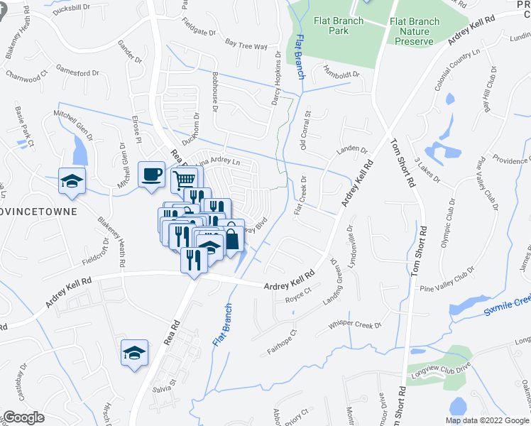 map of restaurants, bars, coffee shops, grocery stores, and more near 12943 Bullock Greenway Boulevard in Charlotte