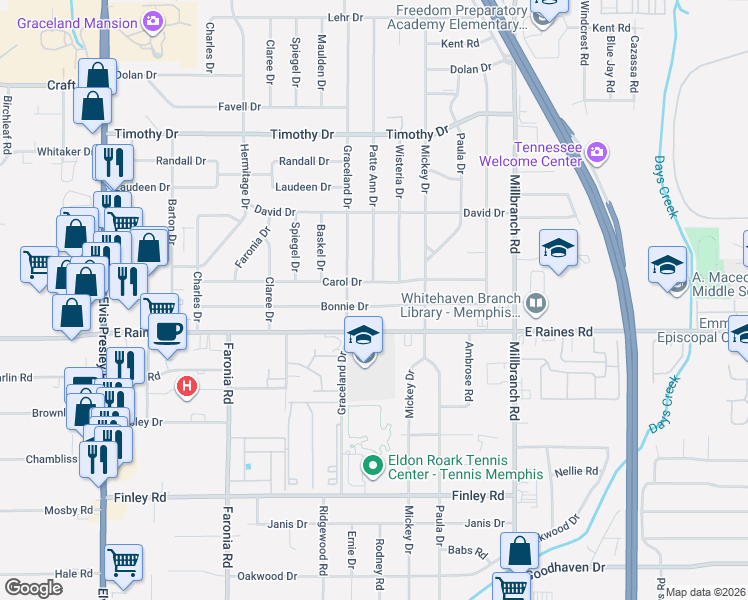 map of restaurants, bars, coffee shops, grocery stores, and more near 1509 Carol Drive in Memphis