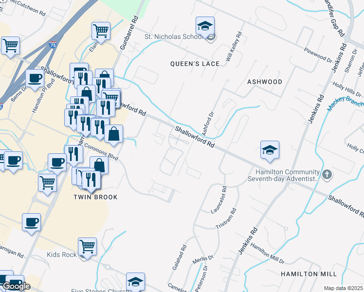 map of restaurants, bars, coffee shops, grocery stores, and more near 1203 Regency Court in Chattanooga